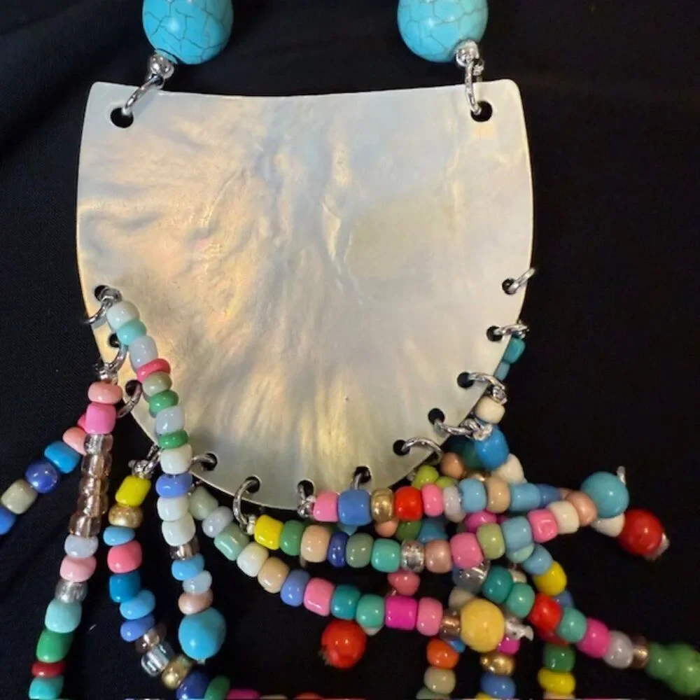 NWT Multicolor‎ Mother of Pearl See Bead Tassel Statement Necklace and Earrings